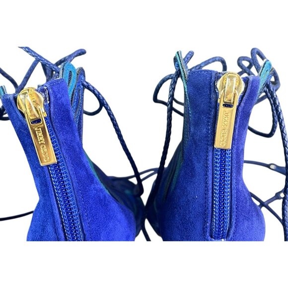 JIMMY CHOO Women's Blue Kafira Mesh Suede Lace Up Peep-Toe Stiletto Heels Sexy - Picture 9 of 11